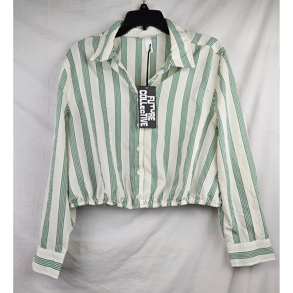 Future Collective Green White Striped Cropped Button Down Shirt Elastic Hem L